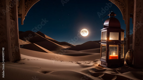 arch in the desert with moon and ramadan lantern