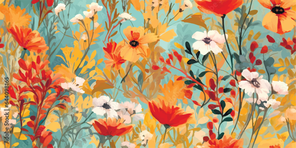 Modern Autumn leaves. Vector seamless pattern background of Fall flower season ,Creative collage contemporary Print in rustic vintage style, textile or wallpapers on Autumn background.