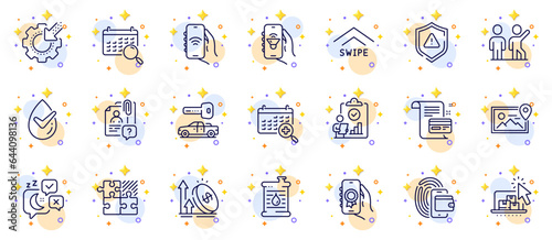 Outline set of Search employee, Online storage and Sleep line icons for web app. Include Photo location, Inspect, Car key pictogram icons. Seo gear, Dermatologically tested, Music app signs. Vector