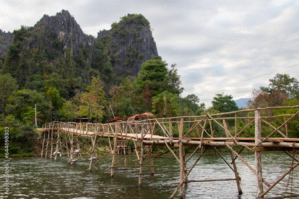 Rural scenery with Nam Song river bridge in Vang Vieng, Laos
