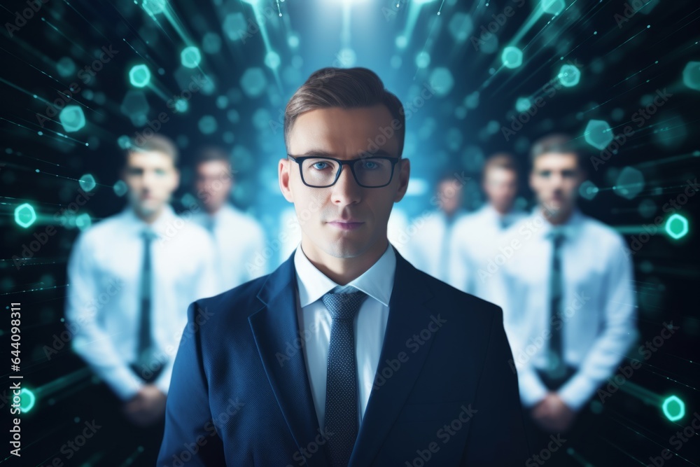 Fototapeta premium Serious man businessman business company entrepreneur startup employer finance. Group people talented team education future technologies infographics artificial intelligence neural networks holograms