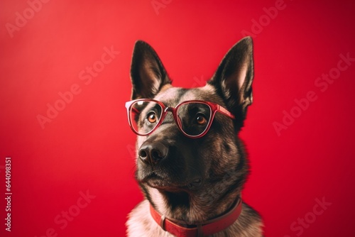 Photography in the style of pensive portraiture of a curious norwegian elkhound wearing a hipster glasses against a ruby red background. With generative AI technology