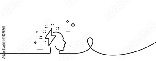 Creative brainstorming line icon. Continuous one line with curl. Human head with lightning bolt sign. Inspiration symbol. Brainstorming single outline ribbon. Loop curve pattern. Vector