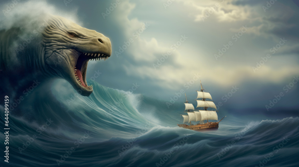 A ship sailing in the storm on a rough sea with huge waves, trying to escape the attack of a deep sea monster - obrazy, fototapety, plakaty 