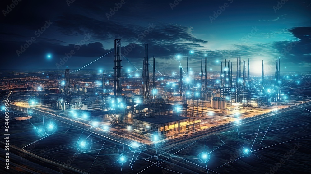 Modern factory, communication network. Telecommunication. IoT, Internet of Things, ICT, Information communication Technology,. Smart factory. Digital transformation, cloud connecting, generate by AI