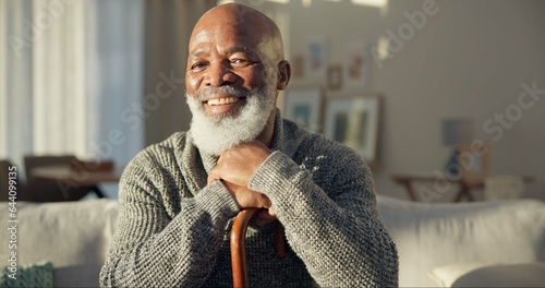 Cuadro en lienzo Happy, face and a black man with a cane on the sofa for support, medical help and retirement