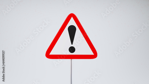 3D render of Caution road sign with exclamation mark isolated on white background