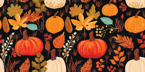 Autumn decorative seamless pattern with pumpkins and seasonal elements, acorns, plants, leaves