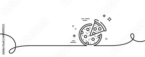 Pizza line icon. Continuous one line with curl. Italian food slice sign. Cheese fast food symbol. Pizza single outline ribbon. Loop curve pattern. Vector