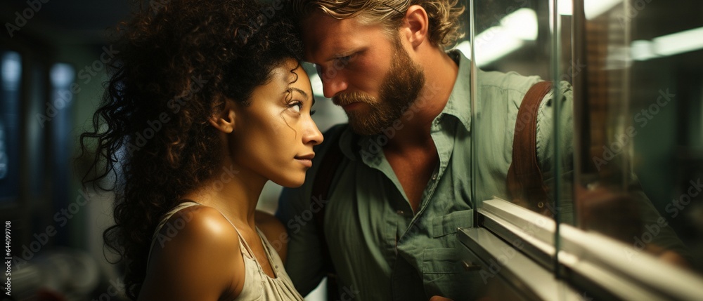 a chic multiethnic attractive couple posing behind a washing machine's glass in a coin-operated laundry,.