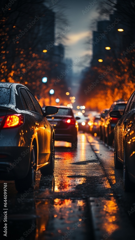 In the evening's gridlock on the downtown street, there are parked cars,.