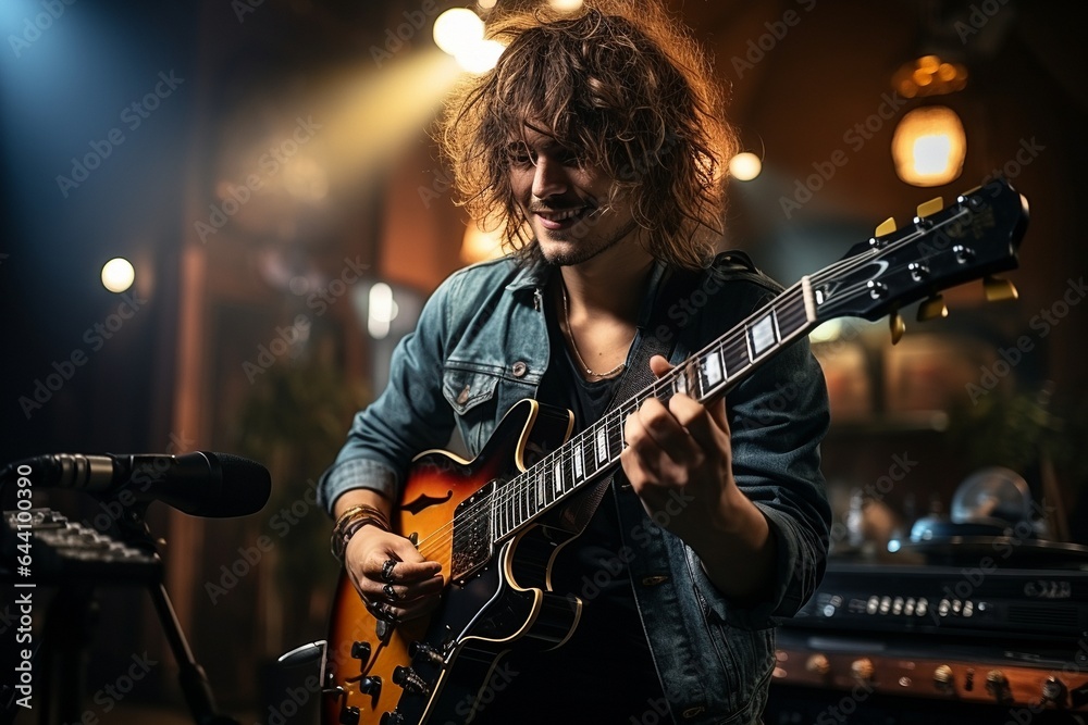 Obraz premium young guitarist making a video for his blog, .