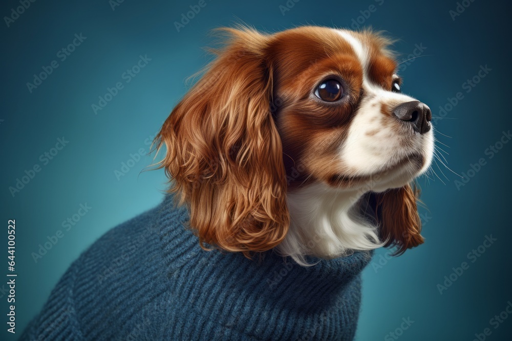 Photography in the style of pensive portraiture of a happy cavalier king charles spaniel dog wearing a cashmere sweater against a sapphire blue background. With generative AI technology Photography in the style of pensive portraiture of a happy cavalier king charles spaniel dog wearing a cashmere sweater against a sapphire blue background. With generative AI technology