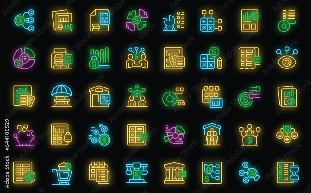 Family budget icons set outline vector. Family personal. Plan debt neon color on black Family budget icons set outline vector. Family personal. Plan debt neon color on black