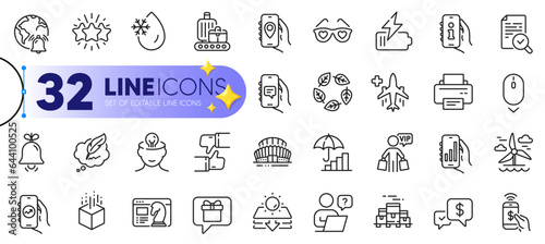 Outline set of Financial app, Battery and Analysis app line icons for web with Online question, Star, Seo strategy thin icon. Inspect, Printer, Freezing water pictogram icon. Vector