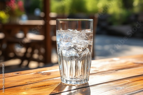 a glass of water with ice on a table