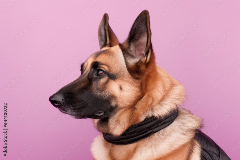 Photography in the style of pensive portraiture of a tired german shepherd wearing a puffer jacket against a lilac purple background. With generative AI technology