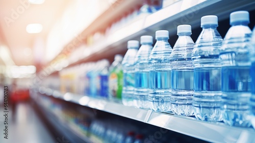 Blank-labeled bottled water in supermarket