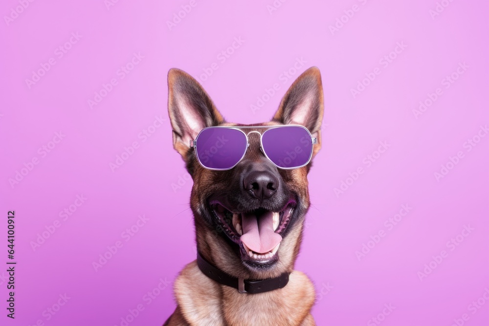 Group portrait photography of a smiling belgian malinois dog wearing a trendy sunglasses against a lilac purple background. With generative AI technology