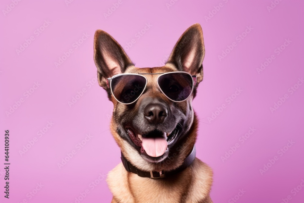 Group portrait photography of a smiling belgian malinois dog wearing a trendy sunglasses against a lilac purple background. With generative AI technology