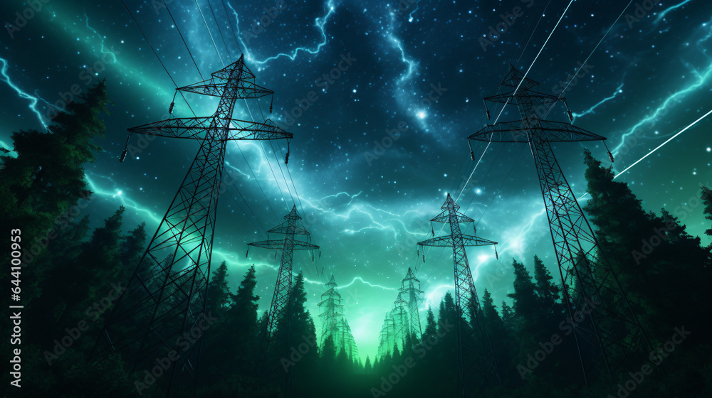 Overhead Electricity Transmission Lines with 3D Digital Visualization of Electricity. Epic Animation with Night Sky Full of Stars. Concept of Renewable Green Energy and Ecological Environment - obrazy, fototapety, plakaty 