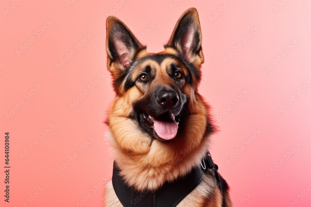 Group portrait photography of a smiling german shepherd wearing a safety vest against a coral pink background. With generative AI technology Group portrait photography of a smiling german shepherd wearing a safety vest against a coral pink background. With generative AI technology