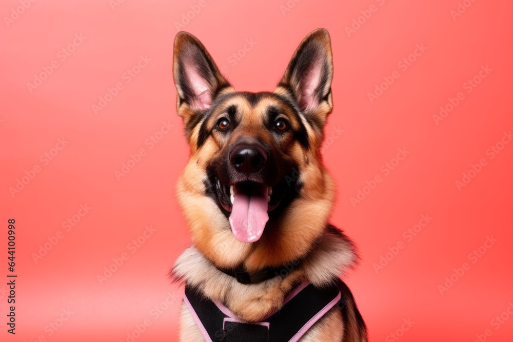 Group portrait photography of a smiling german shepherd wearing a safety vest against a coral pink background. With generative AI technology - obrazy, fototapety, plakaty 