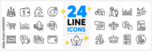 Icons set of Discount, Inflation and Crown line icons pack for app with Column chart, Salary employees, Discounts offer thin outline icon. Change money, Accounting report. Design with 3d stars. Vector