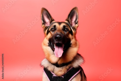 Group portrait photography of a smiling german shepherd wearing a safety vest against a coral pink background. With generative AI technology