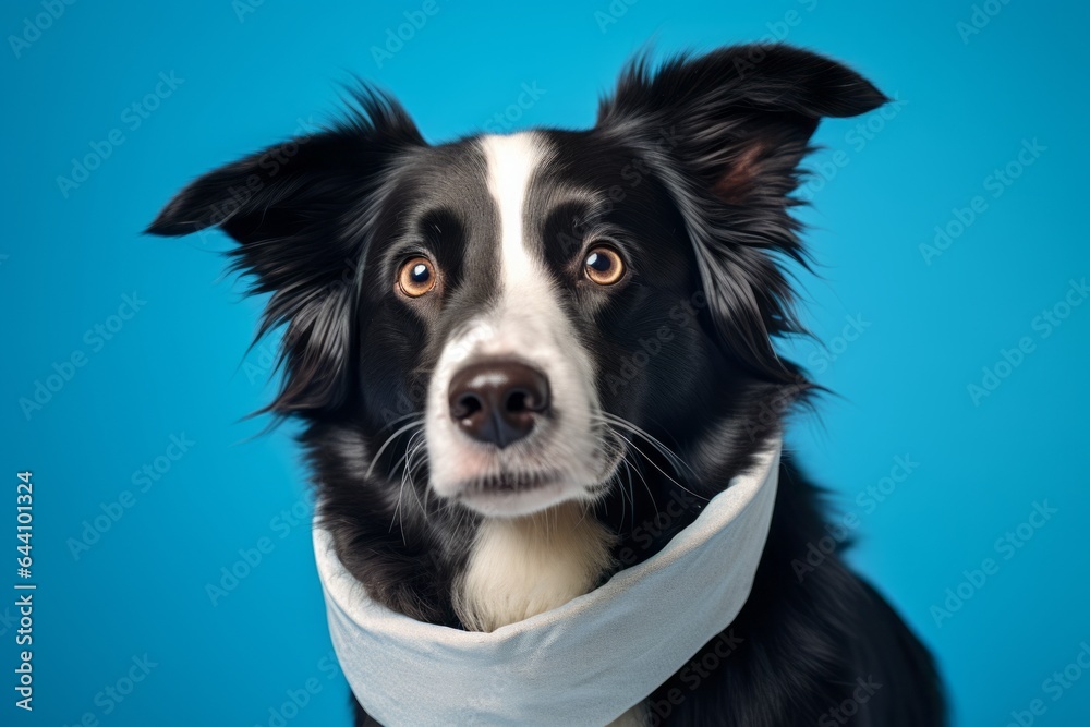 Medium shot portrait photography of a bored border collie wearing an anxiety wrap against a cerulean blue background. With generative AI technology Medium shot portrait photography of a bored border collie wearing an anxiety wrap against a cerulean blue background. With generative AI technology