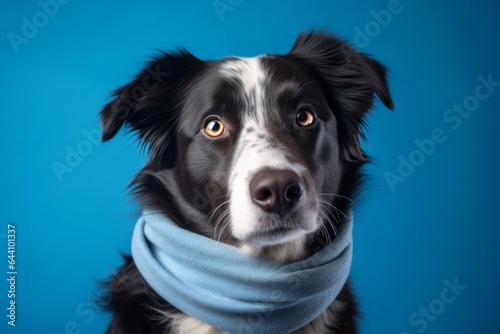 Medium shot portrait photography of a bored border collie wearing an anxiety wrap against a cerulean blue background. With generative AI technology © Markus Schröder