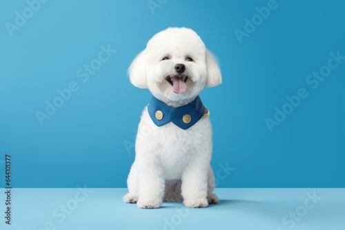 Full-length portrait photography of a smiling bichon frise wearing a sailor suit against a cerulean blue background. With generative AI technology