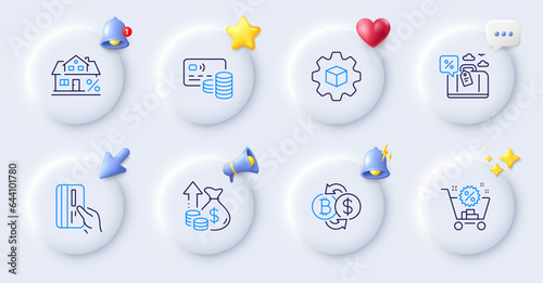 Product development, Mortgage and Inflation line icons. Buttons with 3d bell, chat speech, cursor. Pack of Shopping cart, Bitcoin exchange, Card icon. Travel loan, Payment card pictogram. Vector