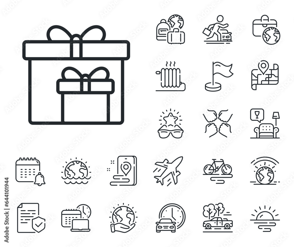 Fototapeta premium Present or Sale sign. Plane jet, travel map and baggage claim outline icons. Gift boxes line icon. Birthday Shopping symbol. Package in Gift Wrap. Delivery boxes line sign. Vector