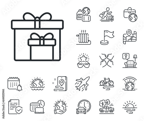 Present or Sale sign. Plane jet, travel map and baggage claim outline icons. Gift boxes line icon. Birthday Shopping symbol. Package in Gift Wrap. Delivery boxes line sign. Vector