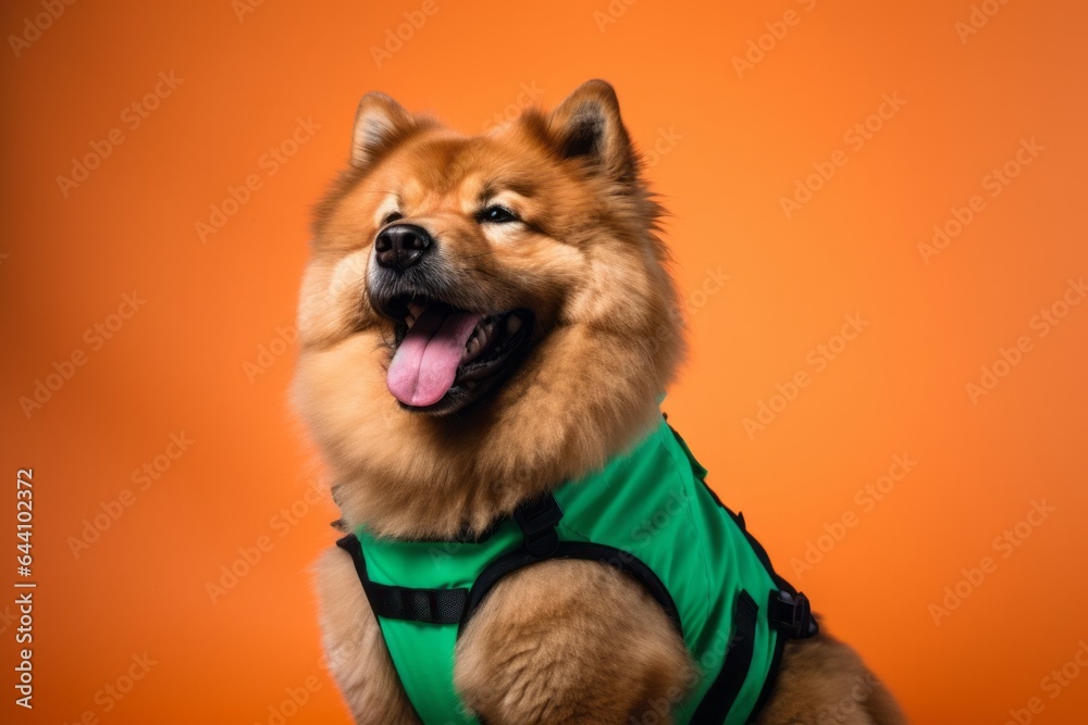 Lifestyle portrait photography of a smiling chow chow dog wearing a safety vest against a spearmint green background. With generative AI technology