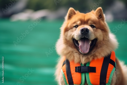 Lifestyle portrait photography of a smiling chow chow dog wearing a safety vest against a spearmint green background. With generative AI technology photo
