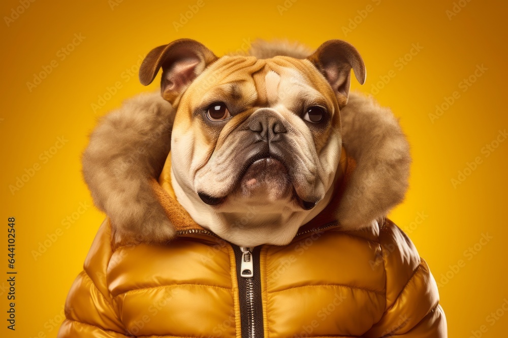 Medium shot portrait photography of a funny bulldog wearing a puffer jacket against a gold background. With generative AI technology