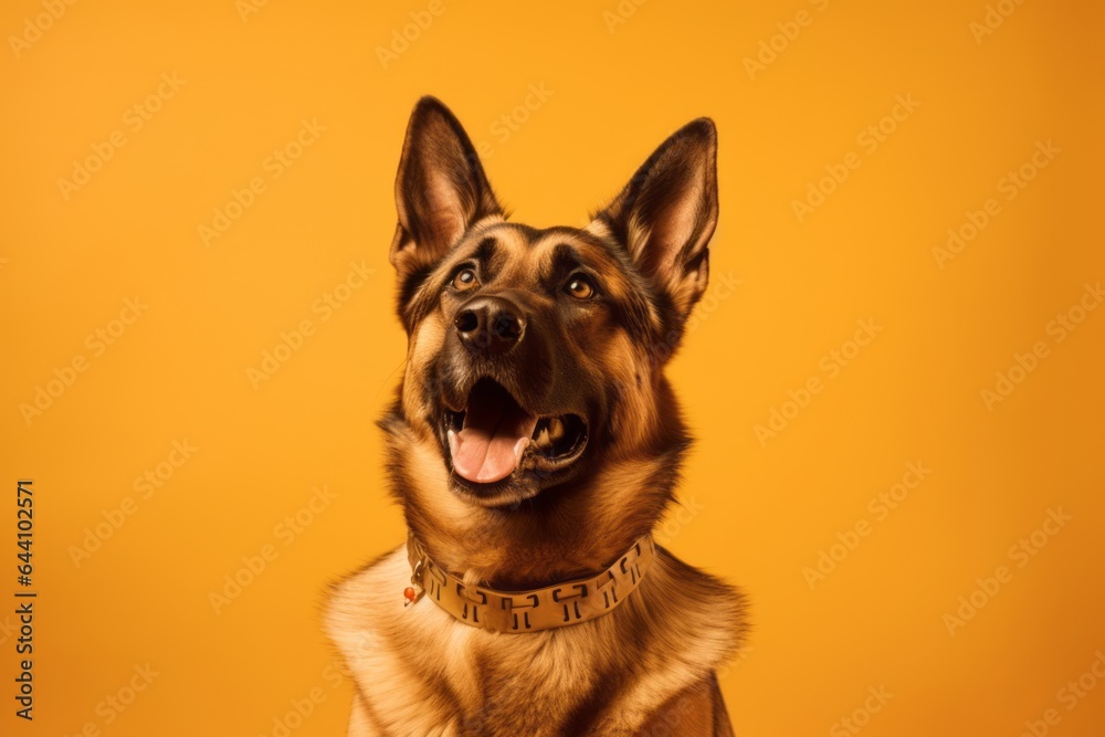 Conceptual portrait photography of a funny german shepherd wearing a spiked collar against a gold background. With generative AI technology - obrazy, fototapety, plakaty 