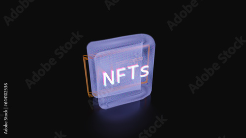 3D illustration of a NFT digital collection symbolized by a wireframe wallet with NFTs, non-fungible tokens in a wallet. photo