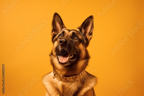 Conceptual portrait photography of a funny german shepherd wearing a spiked collar against a gold background. With generative AI technology photo
