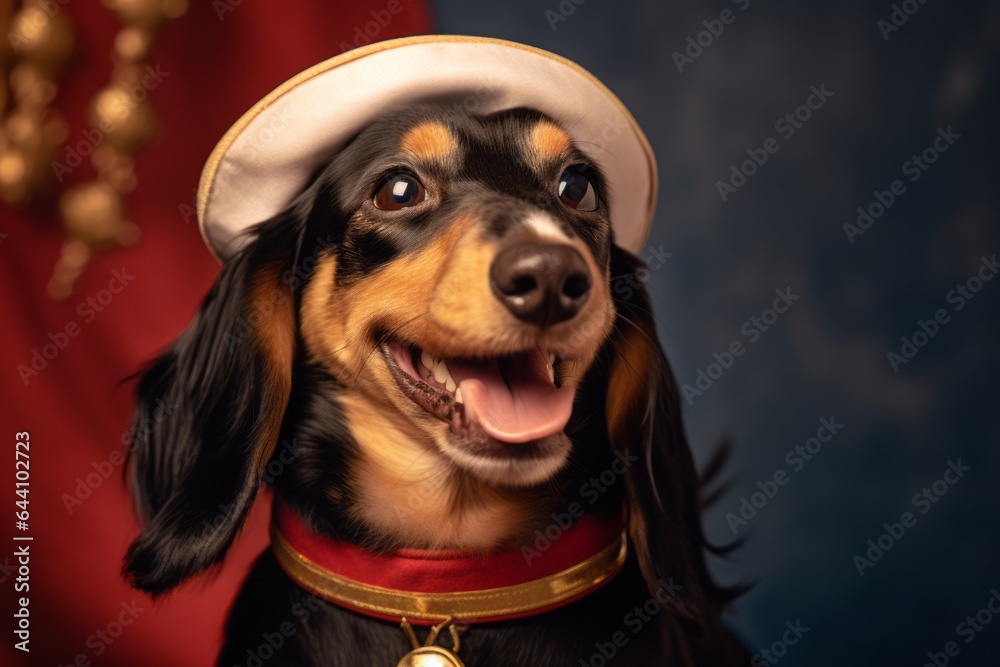 Close-up portrait photography of a smiling dachshund wearing a sailor suit against a gold background. With generative AI technology
