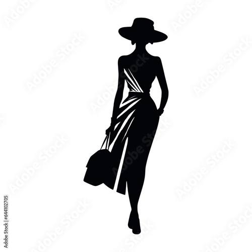 Fashionable girl with hat silhouette, vector art