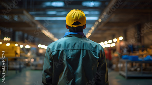 Blue-Collar Dedication: Worker in Blue Jacket and Yellow Hat in Warehouse