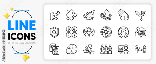 Teamwork, Chemistry lab and Inflation line icons set for app include Flash memory, Headphones, Fake news outline thin icon. Co2, Money currency, Chemistry pipette pictogram icon. Vector