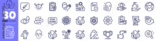 Coronavirus, Eye drops and Stay home line icons pack. Health eye, Wash hands, Skin condition web icon. Checklist, Vaccine message, Alcohol addiction pictogram. Fluorine mineral. Vector