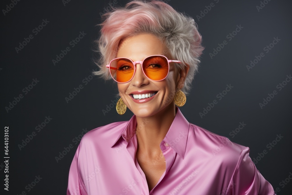 Cheerful mature woman with gray hair wearing stylish eyewear and a pink clothing. Generated AI