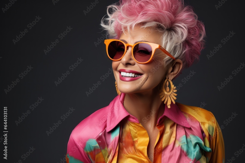 Cheerful woman with pink wig, stylish sunglasses, black background, smiling. Generated AI