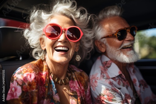 Joyful couple wearing eyewear, smiling together in close-up portrait with car backdrop. Generated AI