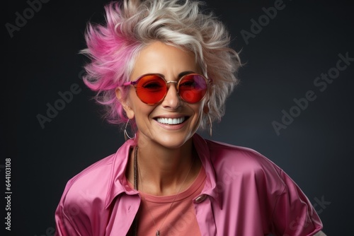 Attractive woman in sunglasses with red wig smiles happily against black background. Generated AI